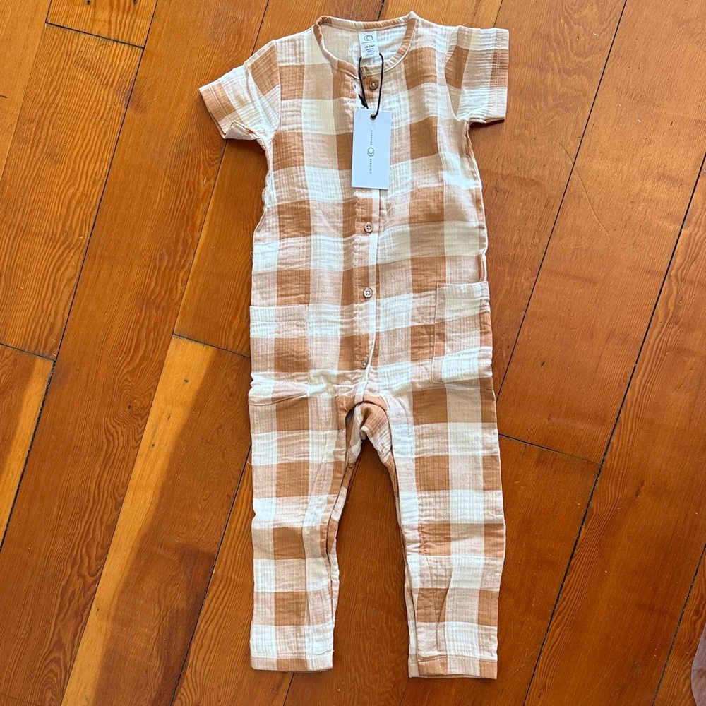 Colored Organics Toddler Gingham Bodysuit in Tan and Cream